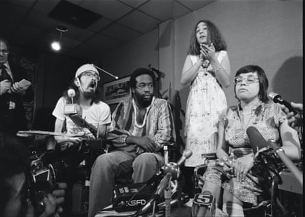 Jarezkas, left, and disability rights activists speaking to the media in the 1970s.