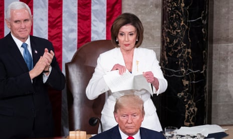 The House speaker, Nancy Pelosi, rips up a copy of Donald Trump’s speech after his State of the Union address.