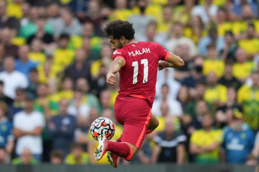 Mohamed Salah of Liverpool controls the ball against Norwich during a 3-0 win at Carrow Road.