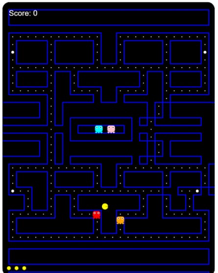 A black background with blue lines and white dots, and a yellow Pac-Man style yellow circle, with small coloured creatures in a clone of Pac-Man.