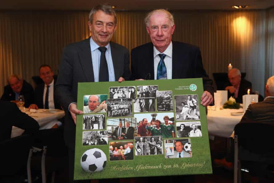 Wolfgang Niersbach, the President of the German Football Association, poses with Dietrich Weise, right, during a reception to celebrate Weise’s 80th birthday in November 2014.