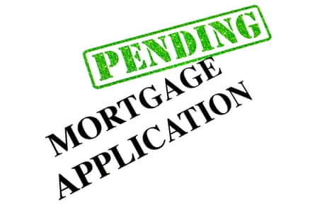 A green glittery “PENDING” stamp overlays bold black text reading “MORTGAGE APPLICATION”