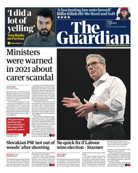 Guardian front page, Friday 17 May 2024