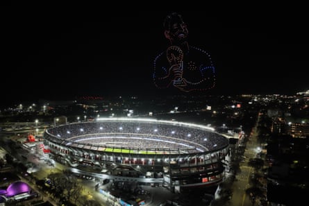 A drone display featuring Lionel Messi is seen at the end of his final match for Argentina