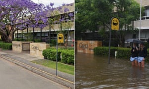 Composite image of Mackellar Girls School before and after the floods