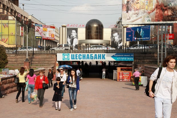 Pedestrians on Arbat shopping street in Almaty.