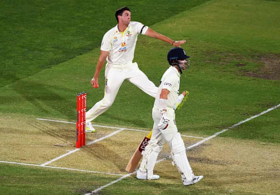 Australia’s Jhye Richardson bowls next to England batsman Rory Burns.