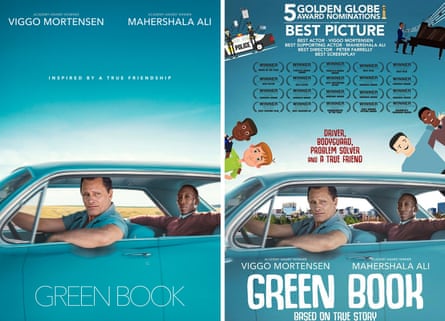 Award worthy … the original Green Book posters= (left) and the repurposed version.