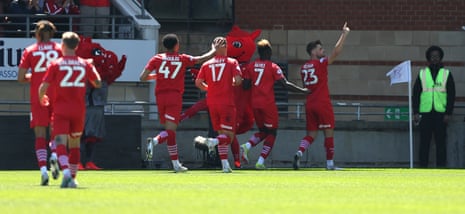 Leyton Orient’s players celebrate Charlie Kelman’s opener against Stockport County at Brisbane Road.