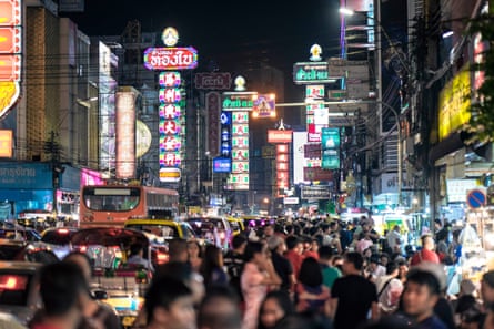 Bangkok’s bustling Chinatown precinct at night.