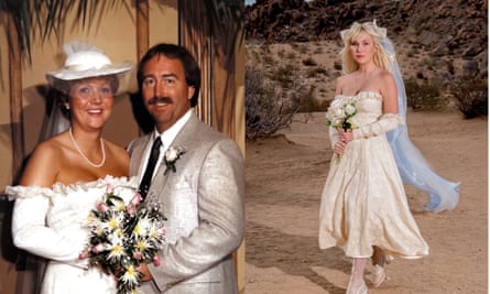 side by side images: in the first, a couple, the woman wearing a white hat and an off the shoulder white dress; in the second, a woman wearing a shin-length white strapless dress with separate sleeves and a veil