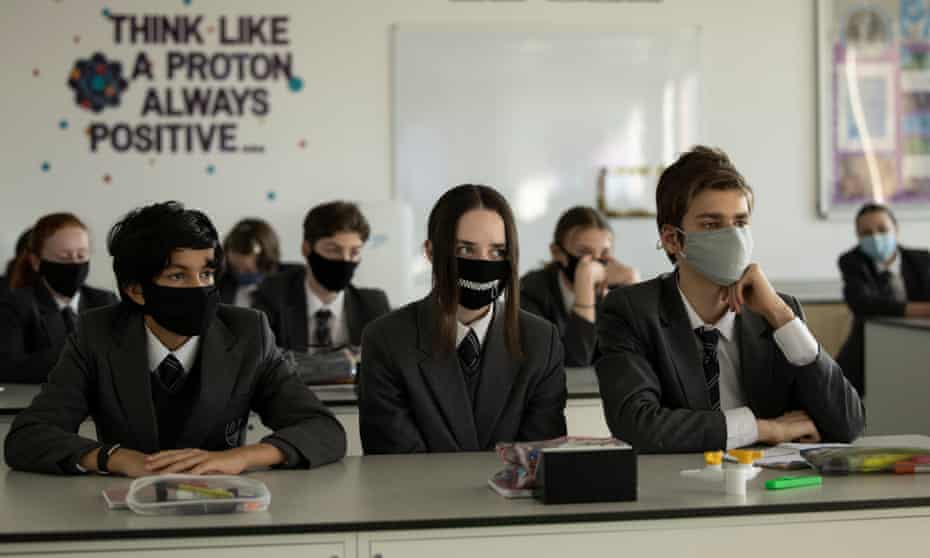 Pupils at Chertsey High School wearing face masks in March 2021.