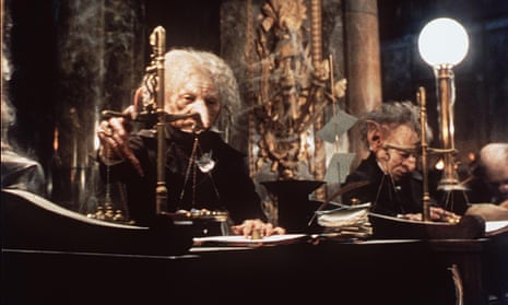 A still from Harry Potter and the Philosopher's Stone showing the goblins of Gringott’s bank. 
