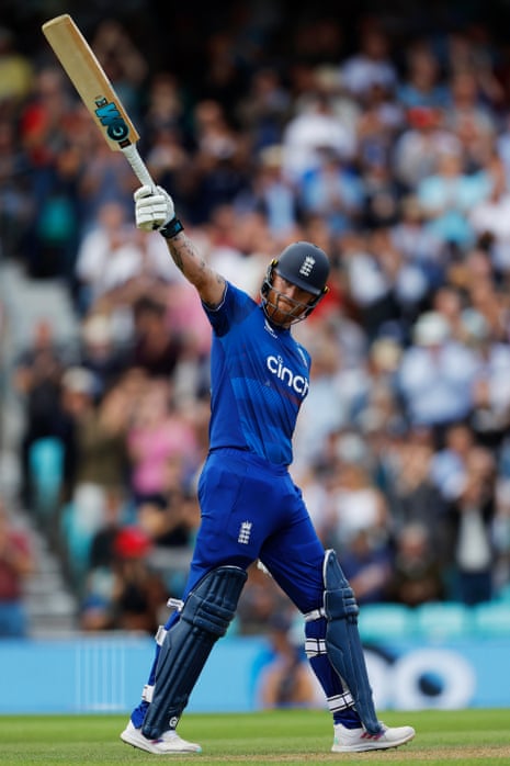 England's Ben Stokes celebrates after reaching his century during the 3rd Metro Bank ODI between England and New Zealand at The Kia Oval on 13 September 2023.