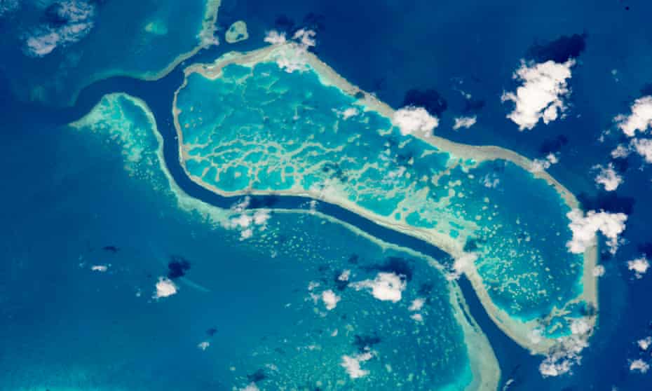 A 15km section of the Great Barrier reef photographed from space. 