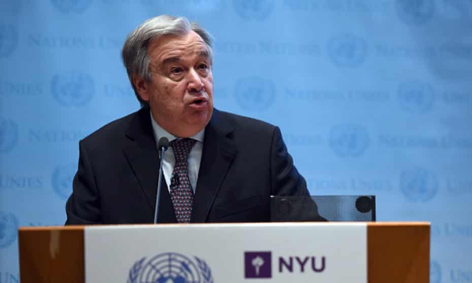The UN secretary general, António Guterres, speaks on climate change at the New York University Stern School of Business.