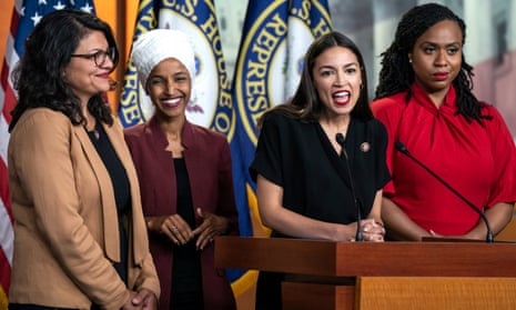 President Trump tells minority congresswomen to ‘go back’ to their home countries<br>epa07719406 Democratic Representatives Rashida Tlaib (L), Ilhan Omar (C-L), Alexandria Ocasio-Cortez (C-R), and Ayanna Pressley (R) speak about President Trump’s Twitter attacks against them in the US Capitol in Washington, DC, USA, 15 July 2019. Without identifying them by name, President Trump tweeted that the minority lawmakers should ‘go back’ to their countries. Three of the four freshman congresswomen are natural-born US citizens. EPA/JIM LO SCALZO
