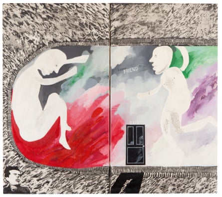 Two Friends (in a Cul-de-sac) featuring two naked figures and a front door while a shady figure in the corner looks on. It is abstract.