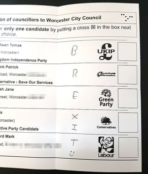 A spoiled ballot paper from the Worcester city council elections.