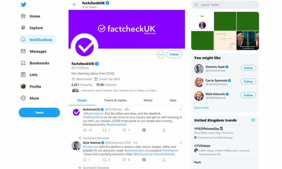 A screen grab from the Conservative party’s Twitter feed on Tuesday evening. The party has faced criticism after the account was rebranded as ‘factcheckUK’ during the ITV leaders’ debate