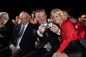 Former prime minister Paul Keating with Chris Bowen and Kristina Keneally at Optus Stadium in Perth where Labor launched its 2022 election campaign.