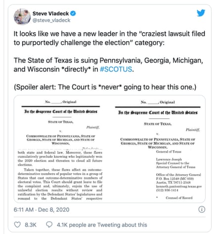 Steve Vilsack tweet says: it seems like we have a new leader in the 'craziest case filed to allegedly change the election': the state of Texas is complaining Pennsylvania, Georgia, Michigan and Wisconsin directly in a shot.  spoiler warning: the court will never hear this one