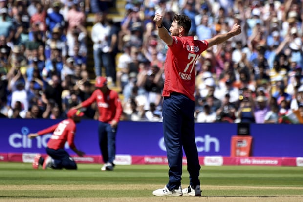 England’s Richard Gleeson celebrates after dismissing Virat Kohli during the second T20 international at Edgbaston in July