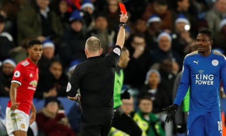 Leicester City’s Daniel Amartey is sent off by referee Jonathan Moss.