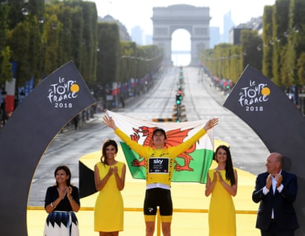 Geraint Thomas enjoys his victory in the 2018 Tour de France, with the Arc de Triomphe in the background