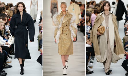 Not going out of fashion any time soon: the trenchcoat. Coats pictured here by Céline and Maison Margiela (centre).