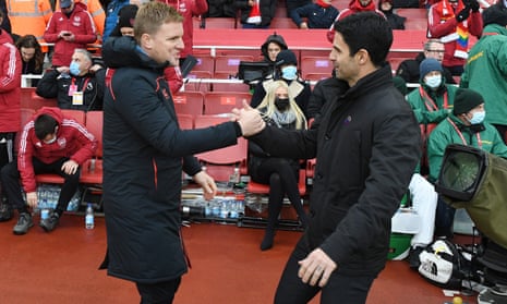 Eddie Howe (left) and Mikel Arteta before last season’s meeting between Newcastle and Arsenal at the Emirates, which Arsenal won 2-0.