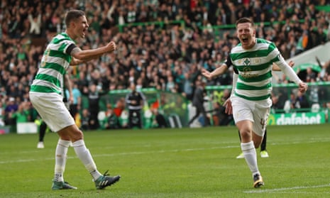 Callum McGregor celebrates after he scores Celtic’s second goal against Hibs.