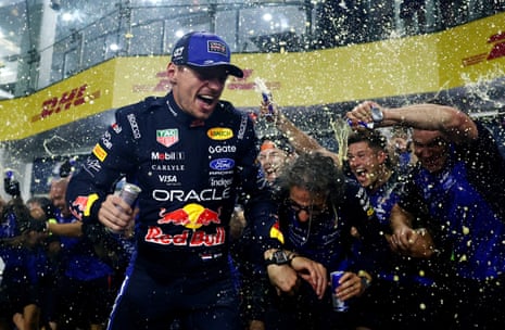 Max Verstappen and the Red Bull team principal, Laurent Mekies, are soaked with energy drink after victory at the Bahrian Grand Prix in Malaysia