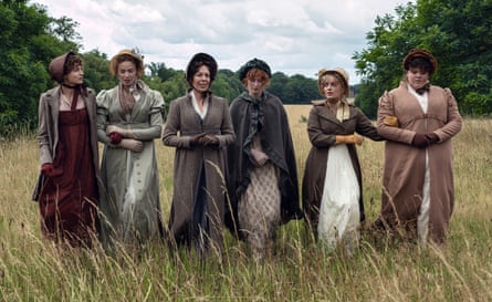 From left: Emma Corrin, Rhea Norwood, Olivia Colman, Hollie Avery, Hopey Parish, and Freya Mavor in Pride and Prejudice.
