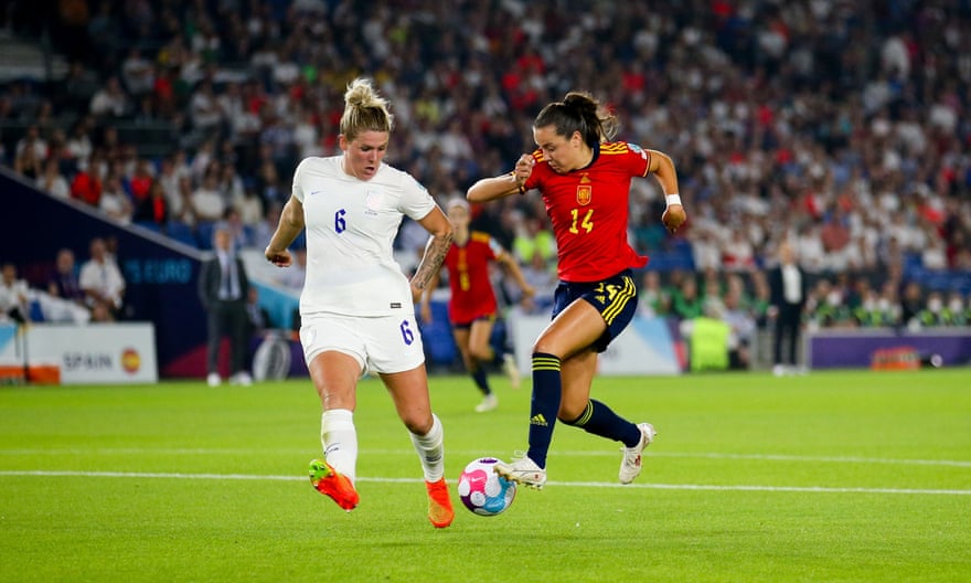 Millie Bright (left) goes to make a challenge