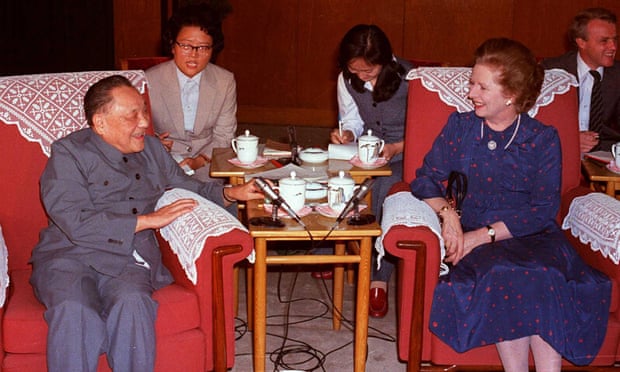 Deng Xiaoping and Margaret Thatcher in 1982 at the Great Hall of the People in Beijing during one of the meetings leading up to the signing of the joint declaration.