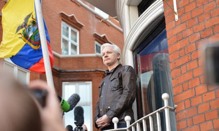 Assange emerges from the Ecuadorian embassy to address a crowd in May 2017.
