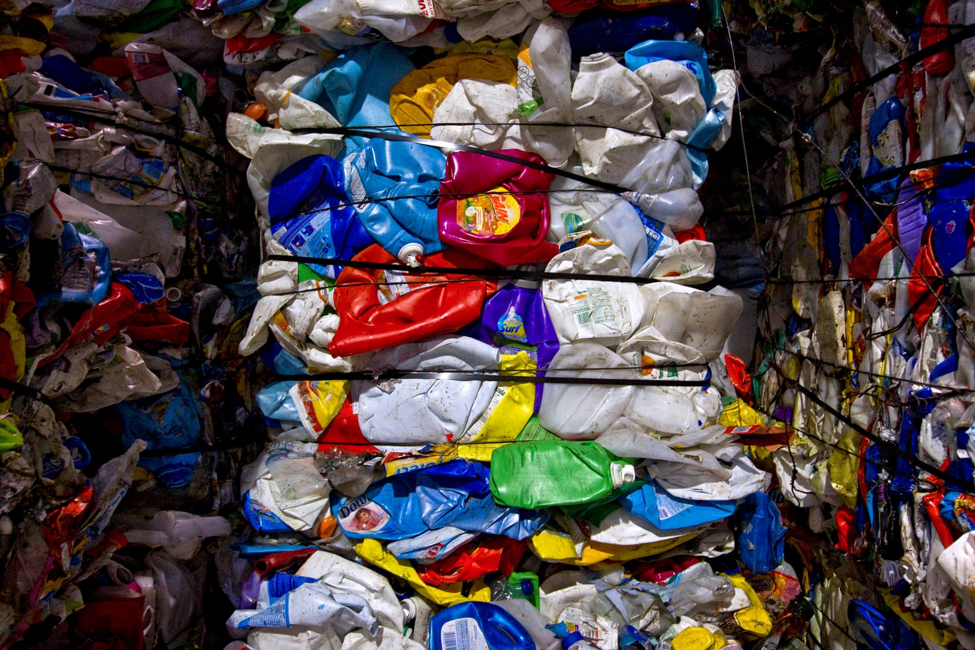 Plastic bottles bundled in a recycling facility. Bales such as these travel around the world on shipping containers.