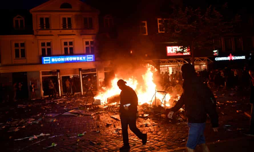 A fire burns amid anti-G20 protests on Friday in Hamburg, Germany.
