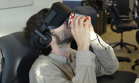 Trying to drink while working in VR proves tricky.