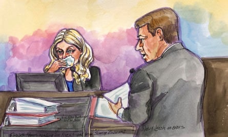 court drawing of a woman wearing a mask and a man in a grey suit