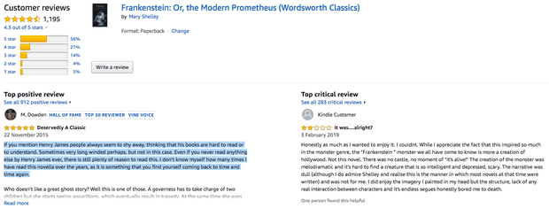 Screengrab showing Frankenstein and Turn of the Screw reviews
