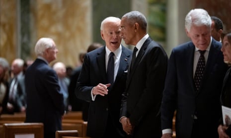 Joe Biden talks to Barack Obama as Bill Clinton also attends. All three will speak at Ethel Kennedy’s funeral.