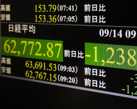 A close-up of a Tokyo monitor displaying Nikkei 225 stock index numbers in yellow and green
