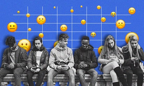 Illustration shows a line of young people looking at their phones, with sad-face emojis behind them