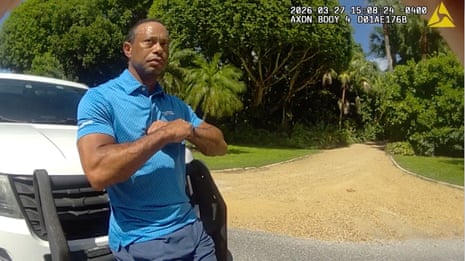 In this image from police body camera video, Tiger Woods performs a field sobriety test following a car crash on Jupiter Island, Florida, on 27 March 2026.