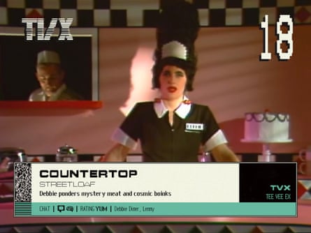A screenshot of video game Blippo+, with a waitress at a diner and the text ‘Countertop’ on a TV guide overlay.