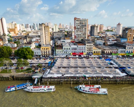 Aerial View of Popular Market Ver o Peso by the River and Belem City Behind