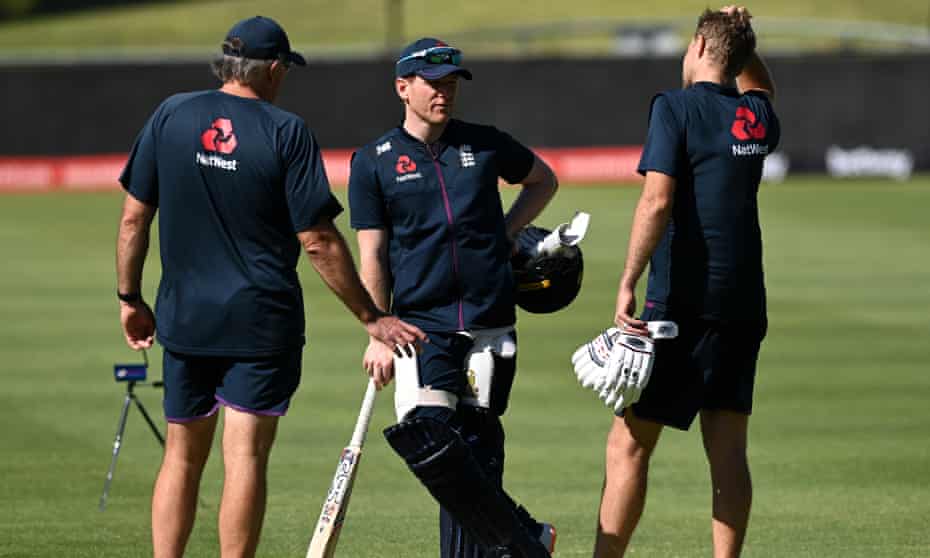 England captain Eoin Morgan (centre) talks with Joe Root and head coach Chris Silverwood during a net session at Newlands in Cape Town.