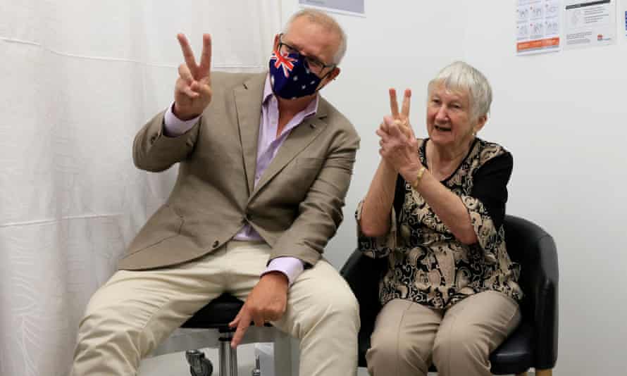 Prime minister Scott Morrison with World War II survivor Jane Malysiak when she received Australia’s first Covid vaccine on 21 February 2021.